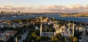 Aerial view of the historical peninsula and modern skyline of Istanbul
