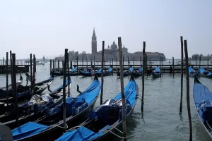 Gondolas docked in Venice